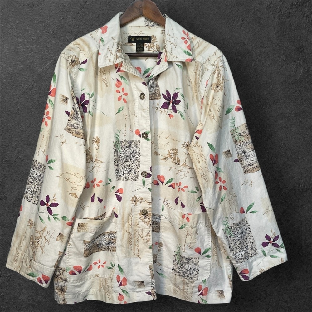 Sun Moda Linen Blend Jacket‎ Women Size 2XL Artsy Floral Script Shacket Flawed